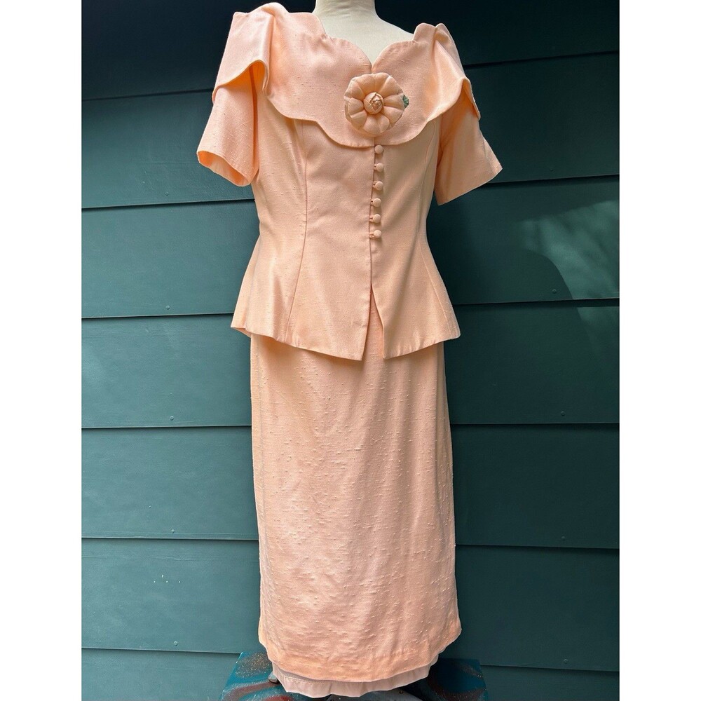 Vintage 80s Watters Watters Peach Peplum Skirt Suit Set Portrait Collar Size 12